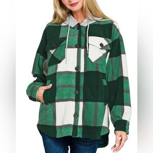 Zenana Plaid Drawstring Hooded Fleece Shacket